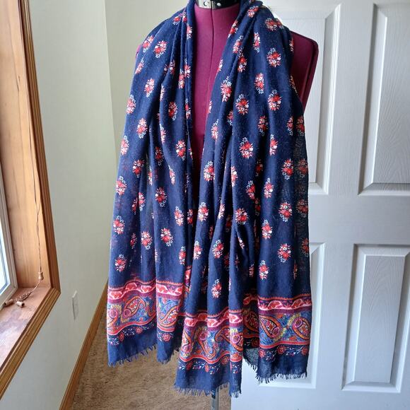 Floral Paisley Scarf navy blue red 6ft 72"L 32"W warm fringe - Picture 8 of 9